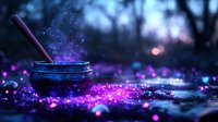 Magical cauldron with glowing purple potion and sparkles in mystical forest setting for fantasy themed designs and Halloween decorations.
