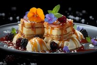 Gourmet pancakes with caramel sauce, fresh berries, edible flowers and mint garnish on dark plate, elegant dessert presentation against black background.