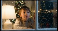 Young Caucasian boy in cozy sweater gazing through snowy window at night, Christmas tree glowing behind him, wonder on his face.