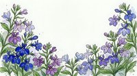 Watercolor border of blue and purple lobelia flowers with green stems, framing white copy space for cards, invitations, and botanical designs.
