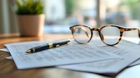 Business contract with luxury pen and tortoise shell reading glasses on wooden desk, soft natural lighting through window creates professional atmosphere.