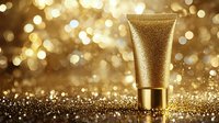 Luxurious golden cosmetic cream tube on sparkling glitter background with bokeh lights, premium skincare product photography for beauty advertising.