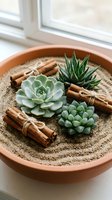 Succulent garden arrangement with cinnamon sticks in terracotta pot on windowsill for home decor and natural spa wellness concepts.