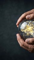 Hands protecting glowing brain with neural network connections representing artificial intelligence, mental health care, and cognitive protection concept.