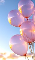 Pink balloons floating against sunset sky with golden light reflecting on their surface, creating dreamy atmosphere for celebration and romantic events.
