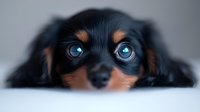 Adorable Cavalier King Charles Spaniel puppy with bright blue eyes peeking over edge, close-up portrait showing expressive face and black and tan markings.
