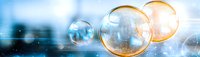 Ethereal soap bubbles floating against blurred blue background with sunlight creating magical rainbow reflections and bokeh effects, dreamy atmospheric scene.