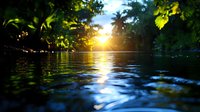 Tranquil tropical sunset over calm water surface with palm tree silhouette and sun rays filtering through lush foliage, creating golden reflections on rippling water.
