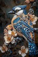 Blue jay adorned with jewels and crystals perched among delicate white cherry blossoms on dark background, fantasy nature illustration with ornate details.