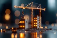 Construction crane building illuminated apartment complex at dusk, with bokeh city lights creating atmospheric urban development scene.