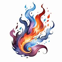 Vibrant watercolor flame design featuring swirling orange, blue and purple fire elements with dynamic motion and ethereal flowing shapes on white background, isolated for creative use.