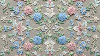 Elegant floral embroidery pattern with roses and leaves on beige fabric. Decorative textile design for crafts, sewing projects, and home decor applications.