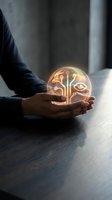 Businessman hands protecting glowing digital circuit tree with eye symbol representing AI technology, data protection and innovation in modern office.