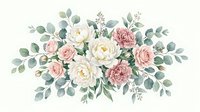 Elegant floral arrangement with soft pink roses, white peonies and eucalyptus leaves on transparent background for wedding invitations and romantic designs.