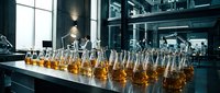 Laboratory glassware with amber liquid samples arranged on modern lab bench for scientific research and chemical analysis testing.