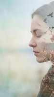 Young woman profile with double exposure cherry blossoms and flying birds creating dreamy spring nature composition for wellness and mindfulness concepts.