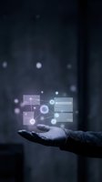 Hand holding glowing digital network interface with connected data nodes and holographic charts, representing cloud computing, data management, and technology innovation for business solutions.