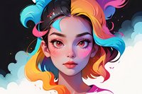 Young Asian woman with vibrant multicolored flowing hair against cloudy background, featuring bright makeup, pink blush, and expressive eyes in artistic digital painting style.