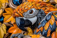 Close up portrait of blue and gold macaw parrot head with vibrant feathers surrounded by yellow autumn leaves and decorative elements creating artistic composition.