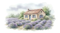 Watercolor painting of rustic stone farmhouse with blue shutters surrounded by blooming lavender fields under cloudy sky for home decor and wall art.