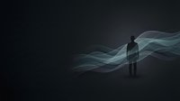 Silhouette of a man standing against flowing abstract waves of light and energy on dark background, representing innovation, technology, transformation, and digital concepts for business presentations.