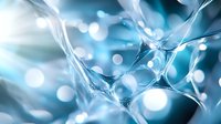 Abstract macro photography of soap bubbles or water drops creating geometric network pattern in blue and white tones with bokeh light effects.