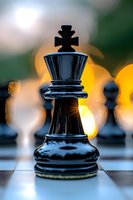 Black chess king piece on board with blurred golden bokeh background, symbolizing leadership, strategy and power in competitive gameplay.