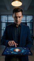 Male professional in dark blazer and shirt examining digital tablet with glowing holographic interface displaying data analytics and network connections in modern office environment with pendant lighting.