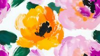 Vibrant watercolor floral pattern with yellow and pink roses on white background, artistic brush strokes in emerald green and magenta create fresh spring mood.