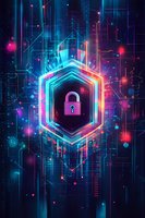Digital cybersecurity shield with glowing neon hexagon and padlock symbol on futuristic circuit board background for technology and data protection concepts.