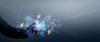 Businessman hand holding glowing digital cloud computing icons with data analytics charts and network symbols for technology business solutions.