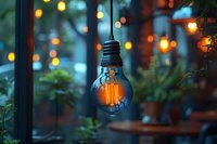 Vintage Edison bulb hanging in cozy garden cafe with bokeh lights creating warm ambiance for evening dining atmosphere.