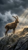 Mountain goat standing on rocky cliff against dramatic stormy sky with sunbeams breaking through dark clouds creating majestic wilderness scene.