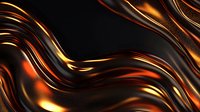 Luxurious dark waves with flowing golden and copper metallic texture create dramatic abstract background with smooth glossy curves and reflective surface.