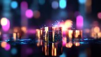 Glowing futuristic city skyline with neon lights reflected in water surface, creating vibrant bokeh effect in pink, blue and orange colors against dark background.