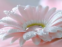 Delicate pink gerbera daisy with morning dew drops on petals against soft pink background, macro photography showing water droplets and flower details.