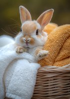 Adorable cream-colored baby bunny resting in wicker basket with soft orange and white towels, looking directly at camera with bright eyes and perked ears.