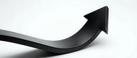 Black curved arrow pointing upward on white background, symbolizing growth, success, and positive business momentum for corporate presentations and financial graphics.