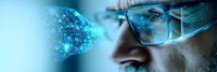 Close up view of man wearing glasses looking at glowing digital brain hologram, artificial intelligence and machine learning concept in blue tones.