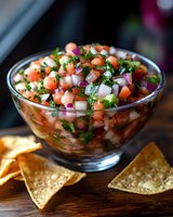 Fresh pico de gallo salsa with diced tomatoes, onions, cilantro, and jalapenos in glass bowl, served with crispy tortilla chips on wooden surface.