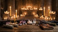 Mystical altar setup with crystals, candles, and ritual tools on wooden table. Spiritual healing workspace with amethyst, sage, and ceremonial items.