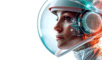 Young female astronaut in spacesuit helmet with futuristic HUD interface overlay, profile view against cosmic background combining orange and turquoise technological elements.