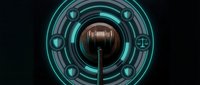 Futuristic digital interface with glowing cyan circular design, copper metallic center sphere, and technological symbols arranged symmetrically for sci-fi concepts.