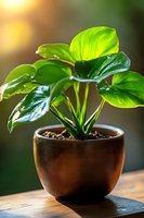 Fresh green Monstera deliciosa plant with glossy leaves growing in brown ceramic pot on wooden surface against soft blurred background with morning sunlight.