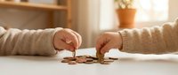 Young adult hands in beige sweater dividing pile of coins on white table, representing financial planning, budgeting, money management and savings concepts for design use.