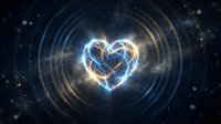 Glowing electric heart with lightning energy surrounded by cosmic rings and starfield in deep space creating romantic celestial atmosphere for love concepts.