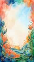Watercolor decorative frame with floral swirls, sun, ocean waves, and earth globe in vibrant coral, teal, and gold tones with copy space.