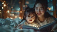 Young Asian mother and daughter sharing magical bedtime story moment with soft fairy lights creating cozy atmosphere, perfect for family, parenting, and lifestyle design projects.