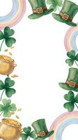 Watercolor St. Patrick's Day frame with leprechaun hats, shamrocks, rainbows and gold coins on white background for festive holiday designs.