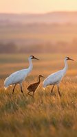 Sandhill crane family with chick walking through golden grassland during warm sunset light creating peaceful wildlife scene for nature photography and bird watching.